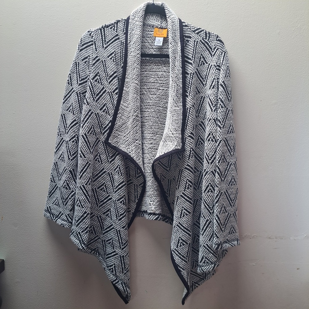 Ruby Rd Womens M Black White Geometric Metallic Waterfall Open Front Cardigan